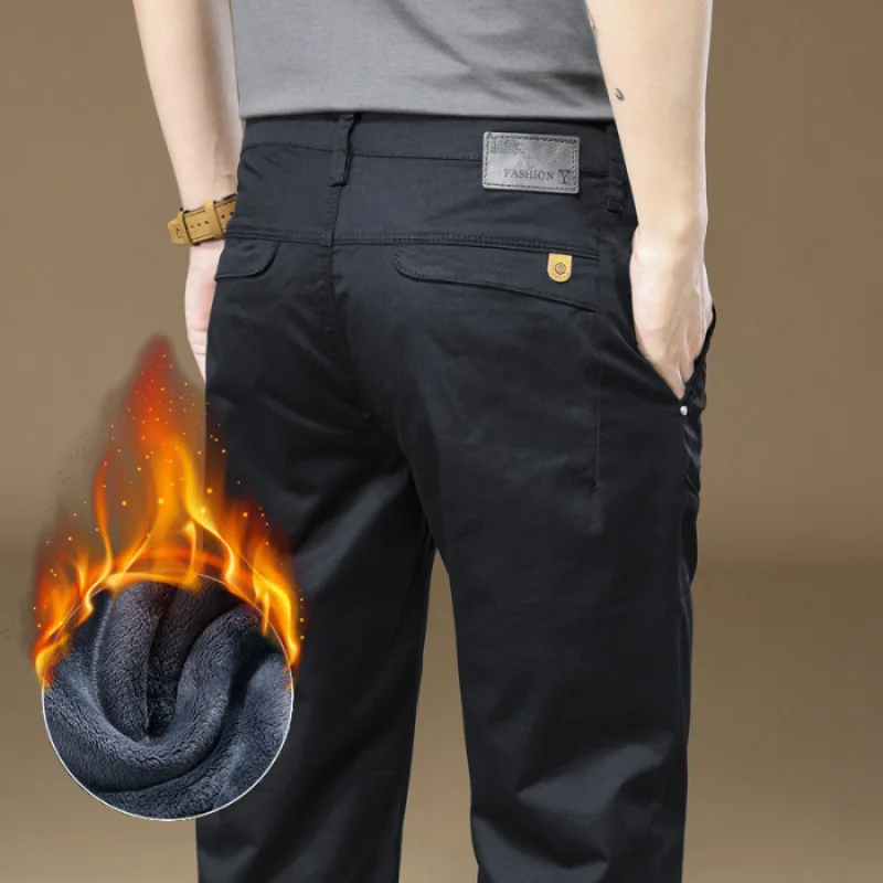 Winter Padded Fleece Trousers Men's Stretch All-Matching Slim-Fitting Small Straight Cold-Resistant Warm Business Casual Pants