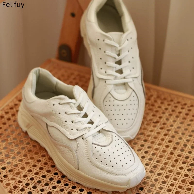 Round-toe Lace-up Casual White Thick-soled Men’s Casual Shoes Genuine Leather New Comfortable Breathable Fashion Sneakers Men view 3