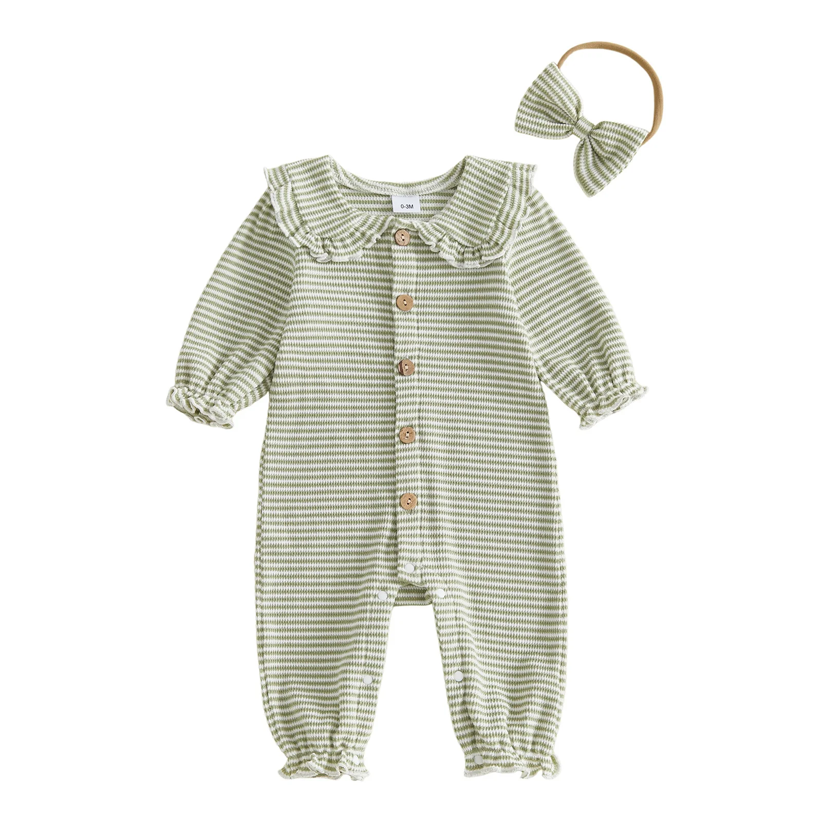 Baby Girls Fall Waffled Romper Stripe Pattern Long Sleeve Bodysuit Headband