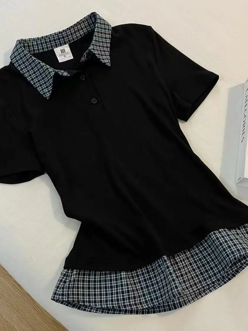 Trendy Summer Women's Fake Two Piece Top Plaid Shoulder Baring Tee Slim Navy Collar T-shirt