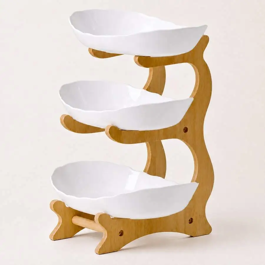 3-Tier Fruit Basket For Kitchen Countertop, Bamboo Stand With Removable Ceramic-Look Plastic Bowls, Compact Fruit & Snack Organi