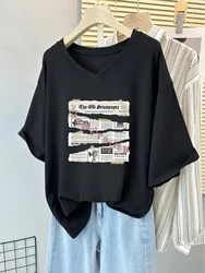 Plus Size  7XL 150KG Women Large Tshirt Black Top Women Loose T Shirt Summer Tee Shirt For Femme V Neck
