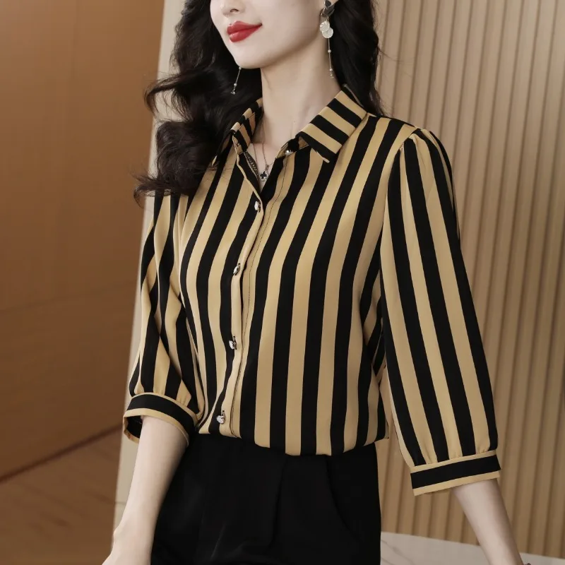 Women Clothes Summer Fashion Elegant Simplicity Striped 3/4 Sleeve Shirts Women's Korean Office Lady Casual Temperament Tops