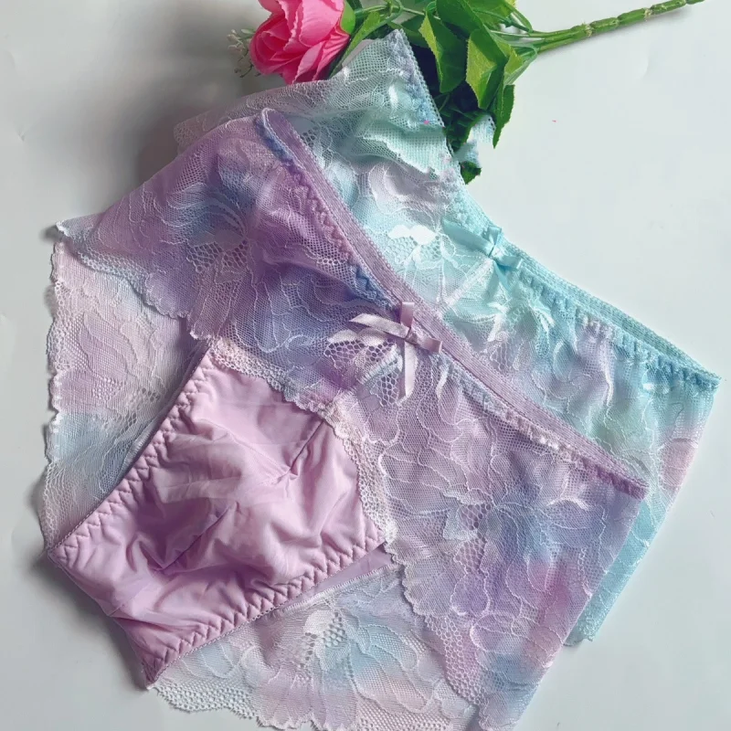 Men's Sexy See Through Briefs Crossdressing Gradient Color Lace Splice Bow Underpants Soft Silky Men Convex Pouch Underwear