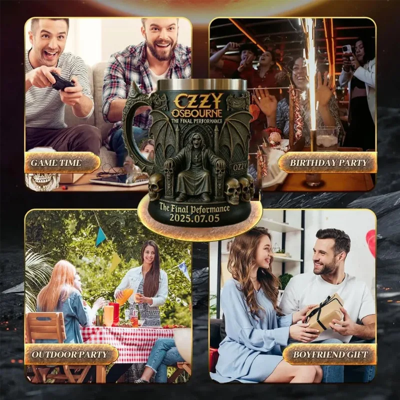 كوب Ozzy Osbourne The Final Performance ثلاثي الأبعاد من الفولاذ المقاوم للصدأ على شكل جمجمة كوب ماء للهالوين كوب علامة تذكارية هدية لمحبي الرجال #6