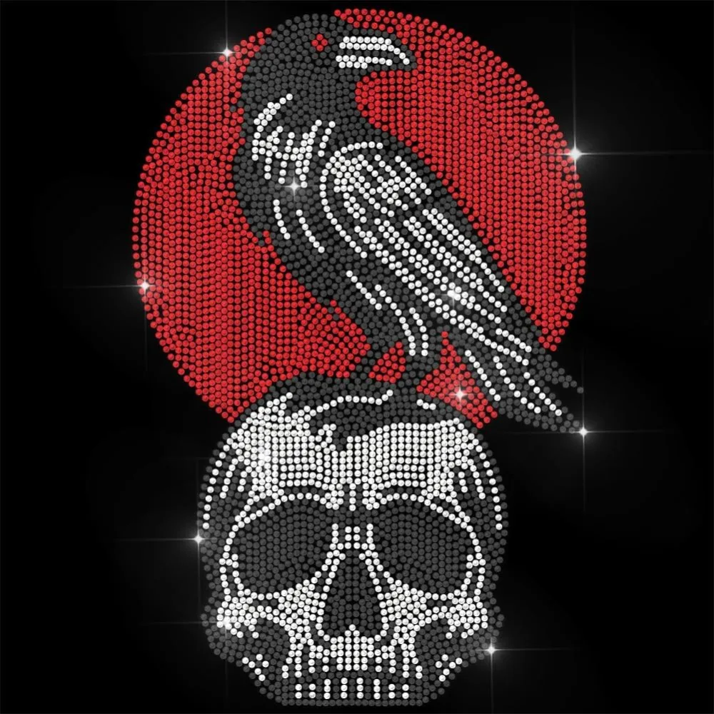 

Halloween Rhinestone Iron on Transfer Crow Skull Bling Hotfix Patches for Clothes 11.6"x8.2" Large Iron On Sequin Applique