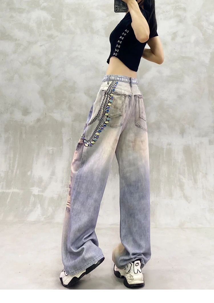 2025 Summer New Women's Stylish Printed Design Casual Jeans High Waist Loose Slimming Versatile Straight Wide-Leg Pants