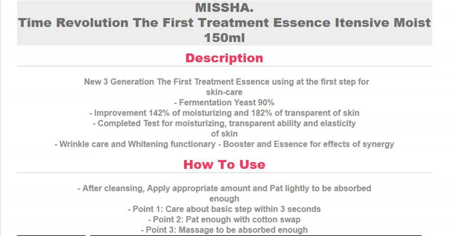 MISSHA Time Revolution The First Treatment Essence 150ml Serum do pielęgnacji twarzy krem nawilżający Korea