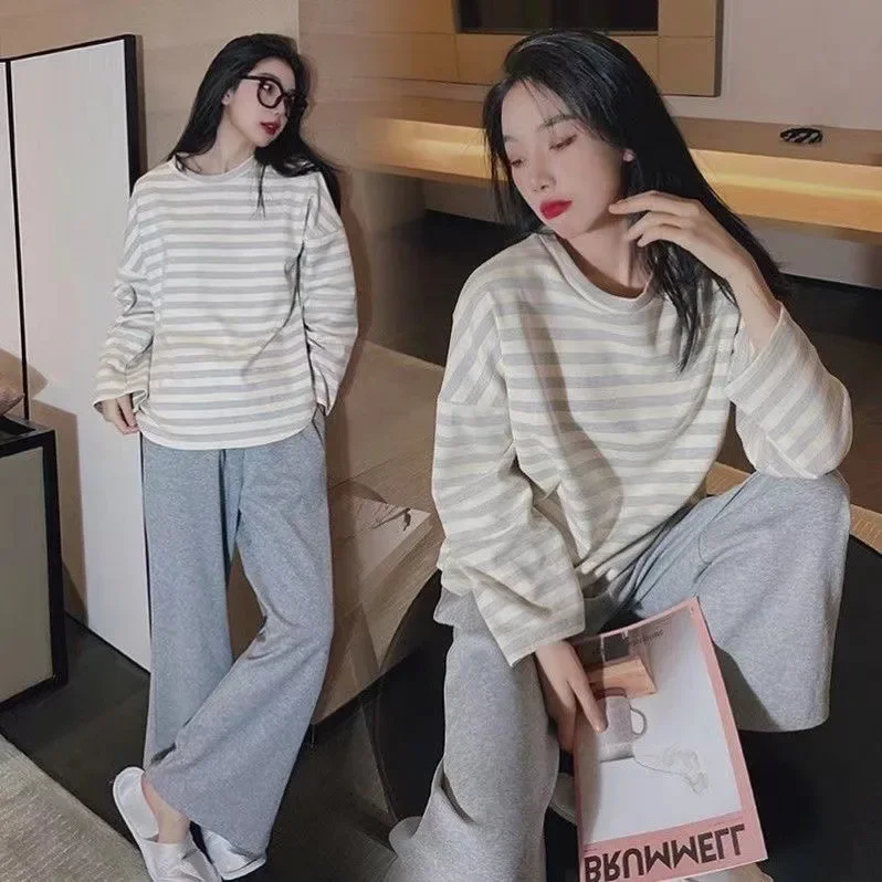 Spring 2pcs/set Lady Solid Colour Loungewear Pajama Women Simple Loose Pajama Girl Causal Smiley Face Pattern Home Clothe Pajama