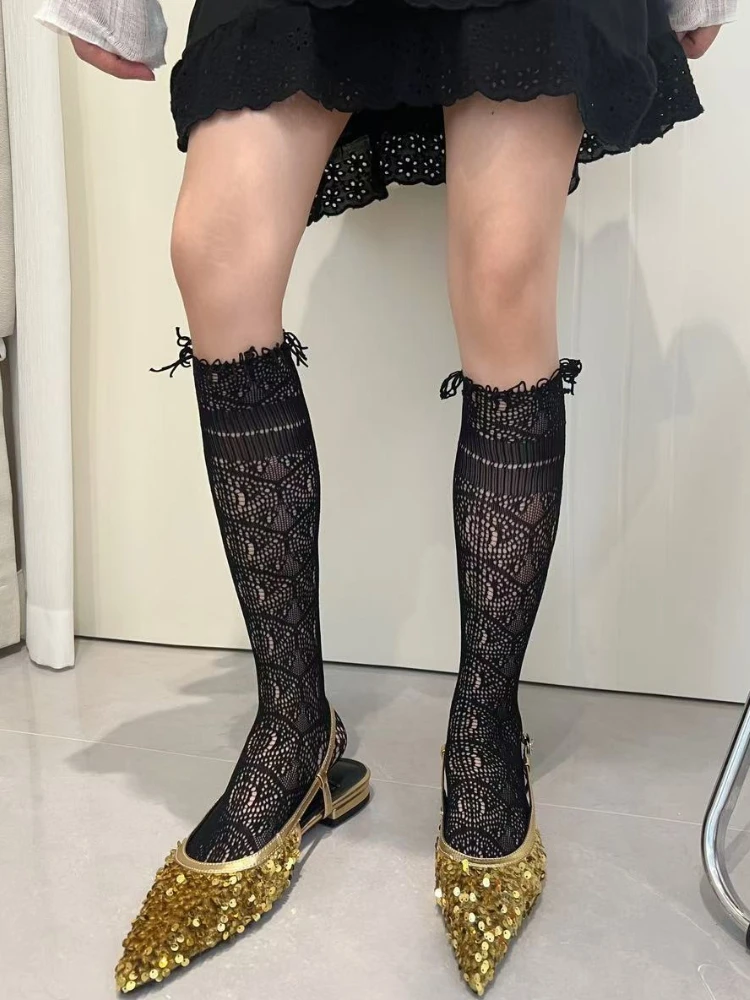 Y2K Subculture Hottie Sexy Fringed Trim Lace Hollowed-out JK Calf Socks Fishnet stockings Female Mesh Breathable Knee-high Socks