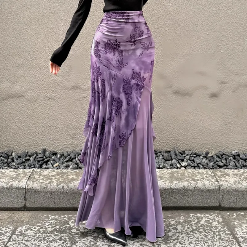 Spring Autumn New Mid-length Faldas Sexy Mujer Purple Mesh Vintage Print Skirt For Women Y2k Slim Waist Bodycon Skirts