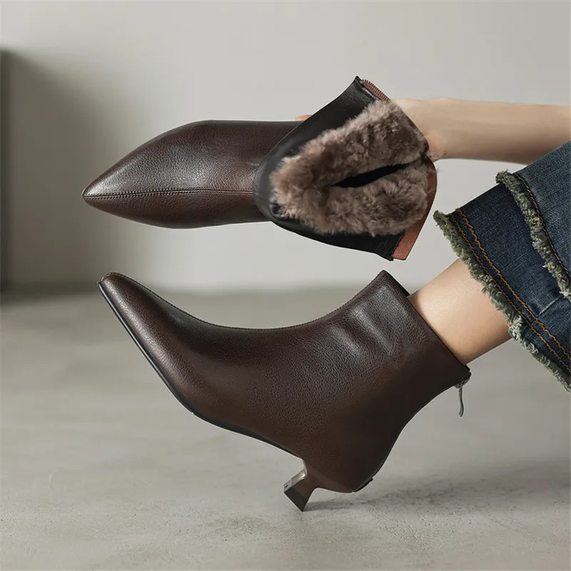 

New Autumn Winter Sheep Leather Women Boots Pointed Toe Boots for Women Fashion Versatile Mid Heels Shoes Handmade Ankle Boots