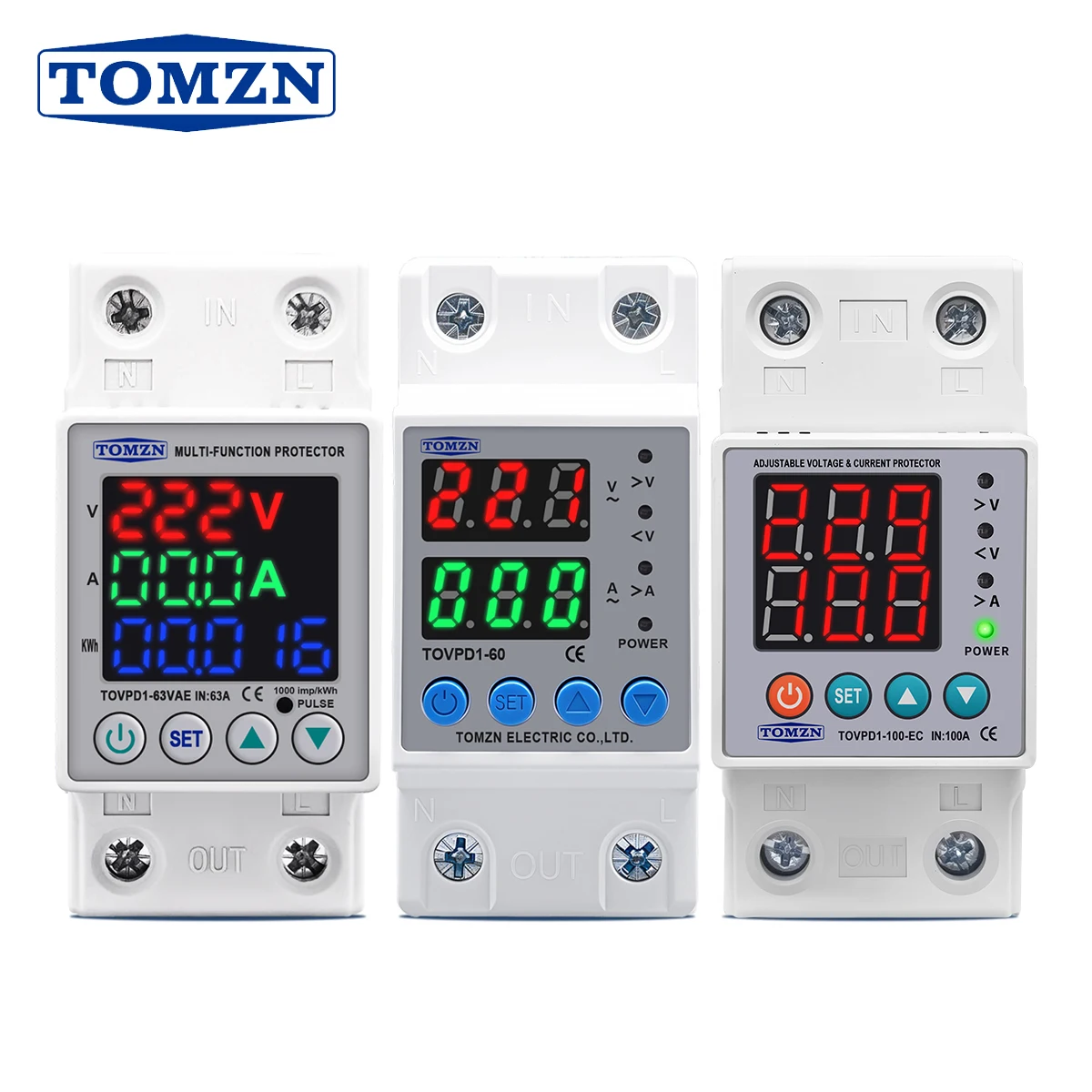 DIN Rail Dual Display Adjustable Over Voltage Current And Under Voltage Protective Device Protector Relay 40A 63A 80A 220V 230V