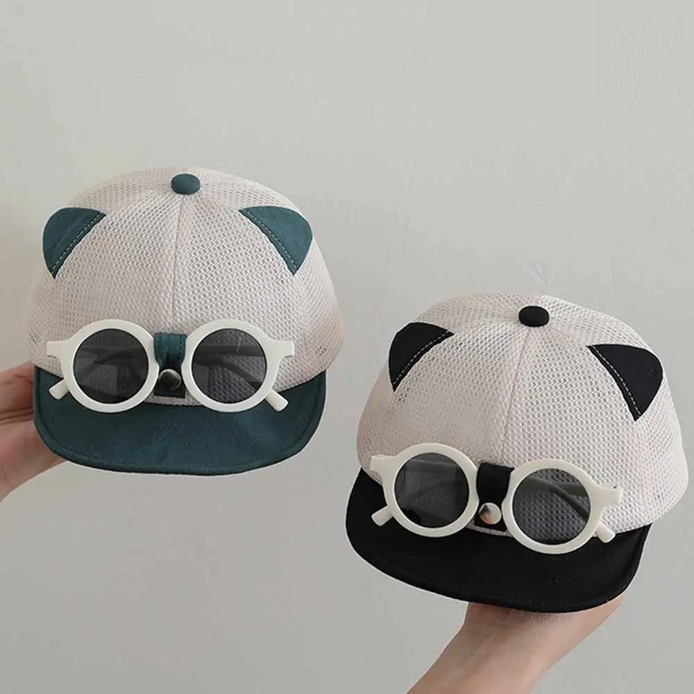 Korean Style Mesh Children's Hat with Sunglasses Breathable Adjustable Baseball Cap Cat Ear Lightweight Duck Tongue Cap Camping