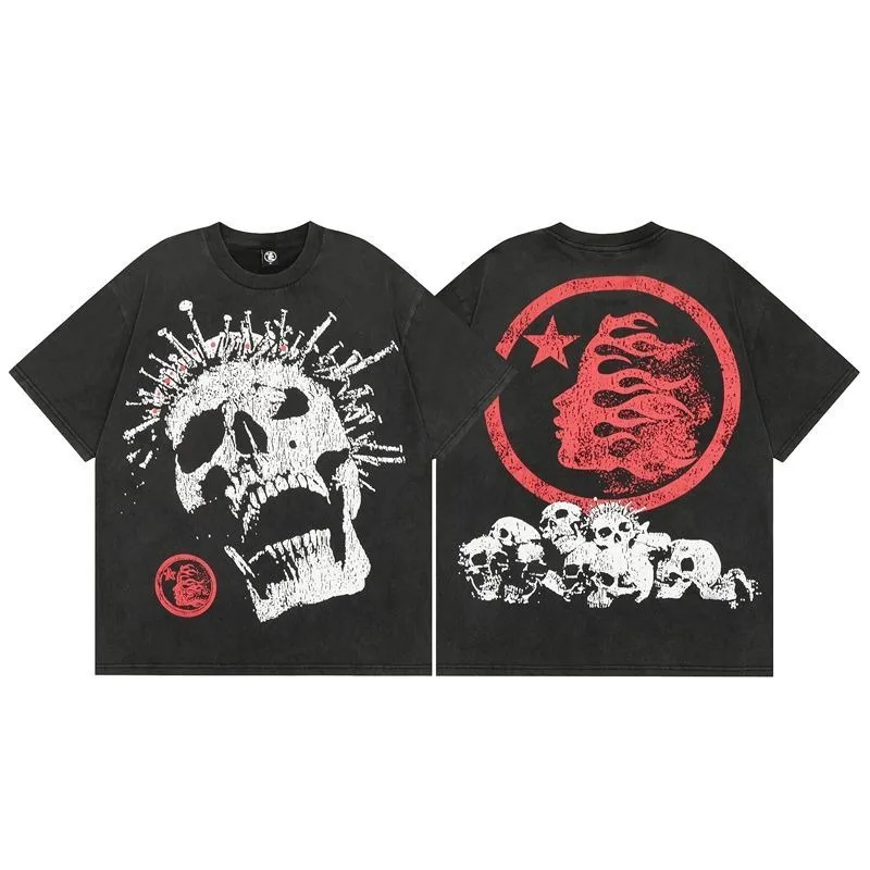Hellstar Alien Skull Print Washed Distressed High Street American Unisex Men Women Short Sleeve T-Shirt Streetwear