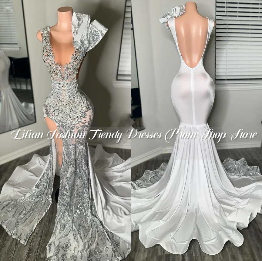 Silver White Luxury Card Shoulder Mermaid Prom Dress 2025 Sexy High Split African Bridal Long Customised Birthday Party Dress