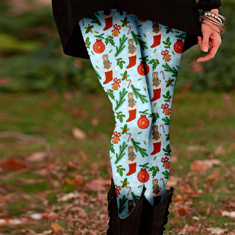 Cartoon Santa Claus Print Leggings Woman Fashion High Waist Yoga Pants X'mas New Year Style Sweatpants Daily Casual Gym Leggings