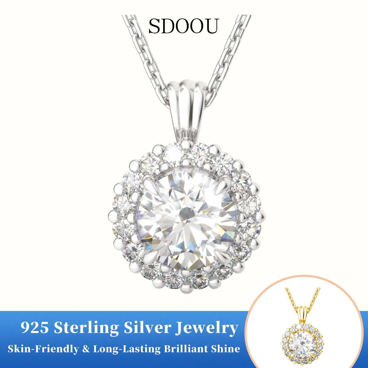 SDOOU GRA Certified 2CT Round Halo Moissanite Pendant 925 Silver Necklace for female Plate 18k Yellow Gold Wedding Party Jewelry