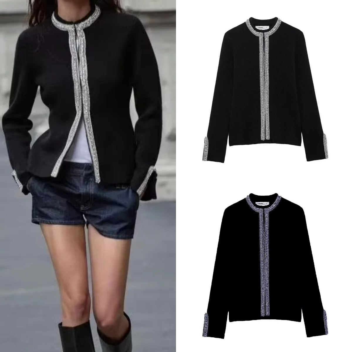 

2023 весенне-осенний женский свитер с длинными рукавами, кардиган с круглым вырезом, украшенный бисером, вязаный топ, черная куртка, пальто