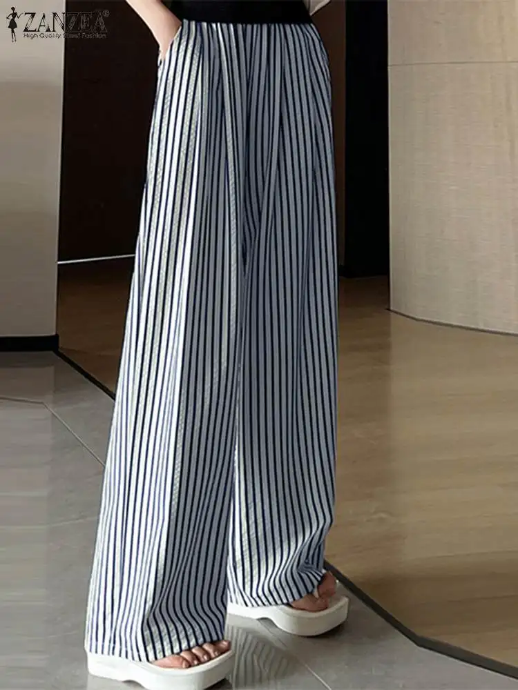 

Women Elastic High Waist Pant ZANZEA Korean Fashion Stripes Straight Pants 2024 Summer Wide Leg Trousers Casual Pocket Pantalon