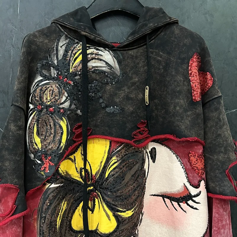 Unique Design Distressed Fake 2-Piece Cartoon Little Girl Hooded Color Block Sweatshirt Loose Casual Top Autumn New Hoodie Women
