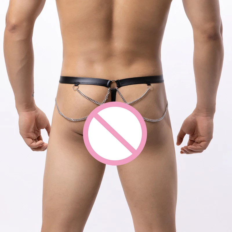 2XL Men Fuax Leather Thong G-string Exotic Chain String Homme T-back Gay Panties Jockstrap Novelty Latex Clubwear Fetish Briefs