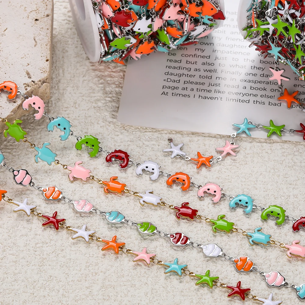 0.5M/Lot Stainless Steel Colorful Ocean Animal Starfish Pendants Enamel Chains for DIY Necklace Bracelet Jewelry Finding