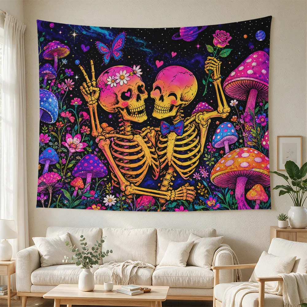 Vibrant Skeleton Mushroom Galaxy Tapestry Bohemian Wall Hanging Psychedelic Art for Boho Bedroom Decor