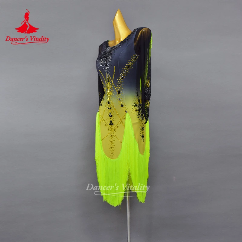 Latin Dance Competitions and Performances Dresses Customization Black and Yellow Gradient Color Tassel Art Examination Clothes