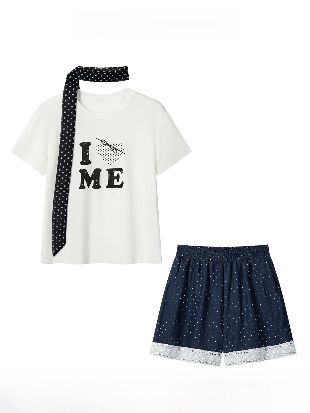 

Повседневный комплект из футболки с коротким рукавом в горошек и шорт с кружевом, женский летний комплект из двух предметов для повседневной носки, модный повседневный стиль