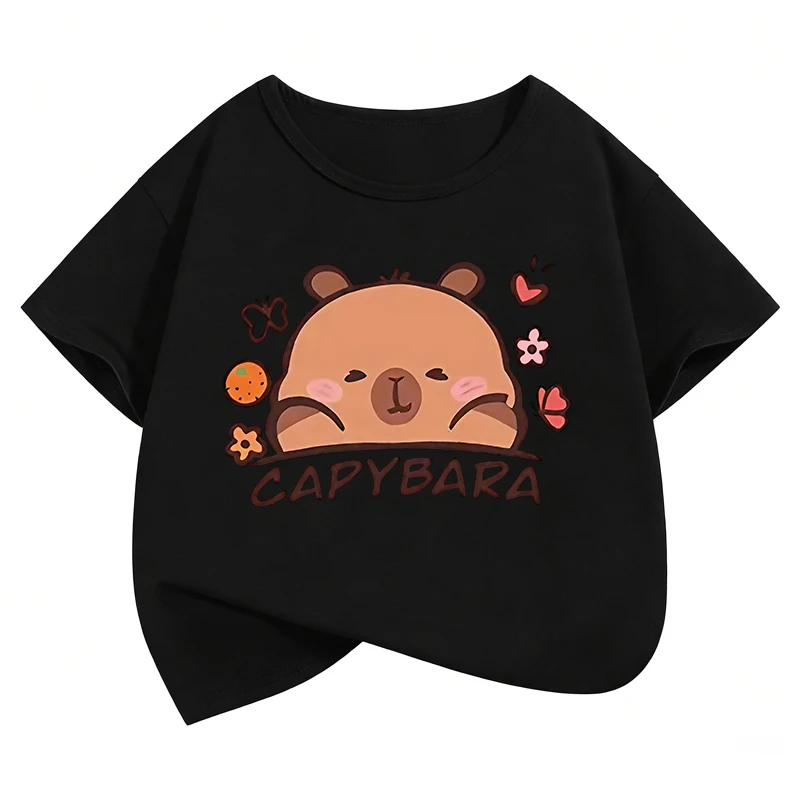 Niedliches Capybara & Blumenmuster Mode Kurzarm-T-Shirts für Kinder Jungen Mädchen Sommer Frühling Lässiges Oberteil