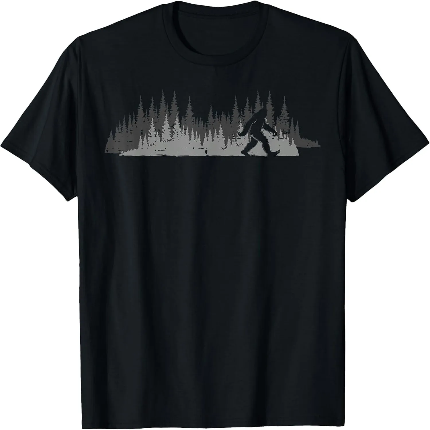 Bigfoot Silhouette Grey Pine Forest Vintage Nature Graphic T-Shirt