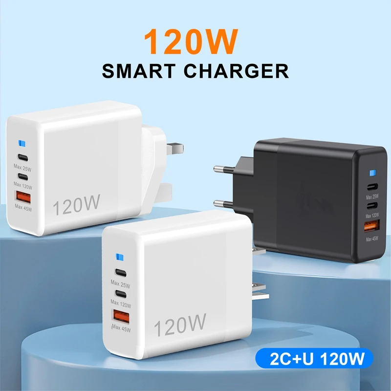 Lenovo 120W USB Dual Type-C Multi Port Mobile Phone Charger EU US UK Full Protocol Super Fast Charging Headband Indicator Light