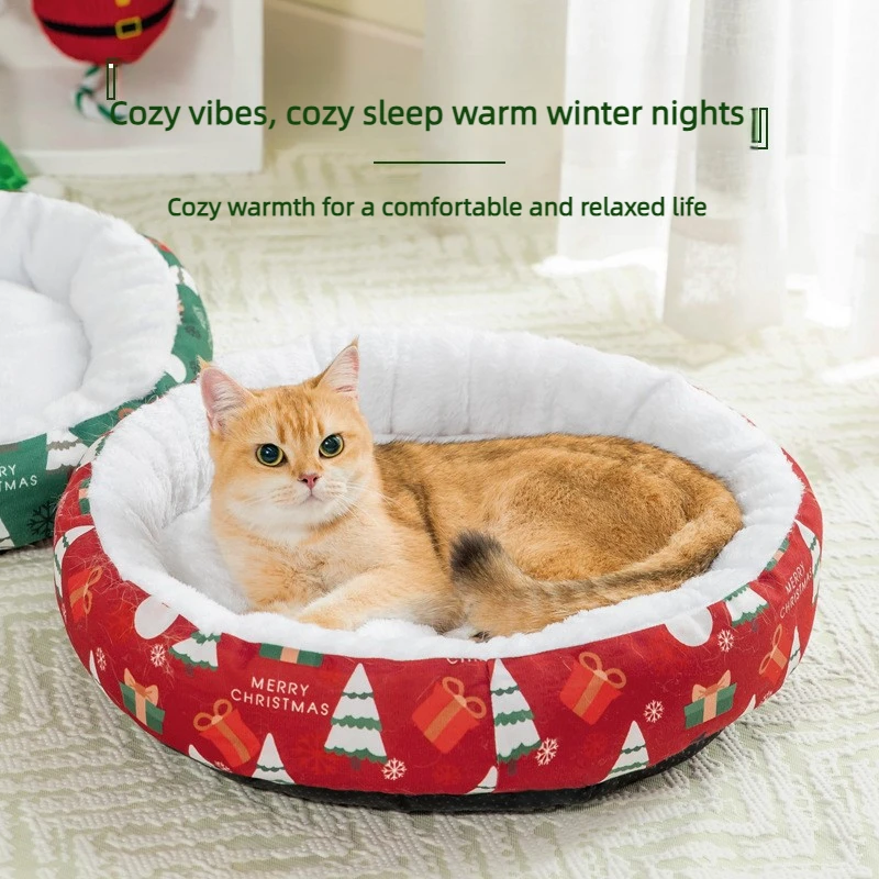 Warm Christmas Cat Basket Bed Soft Plush Pet Nest with Non-slip Base Cozy Sleeping Bed Cats Small Dogs 50cm Diameter