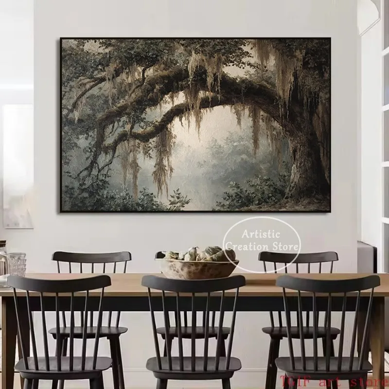 Vintage Southern Misty Forest Oak Tree Gothic Woodland Nature Landscape Poster Canvas Painting Wall Art Pictures Home Decor