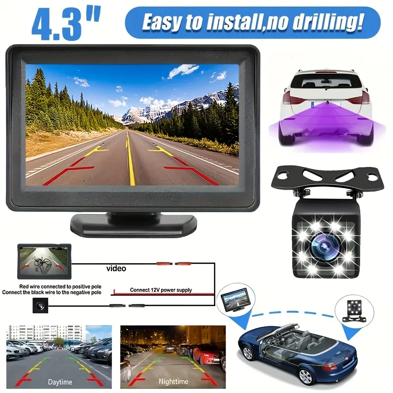 10.92cm Rearview Backup Camera with 8- System, Hardwired 12V/24V/36V Power, Easy Install Car Parking Aid