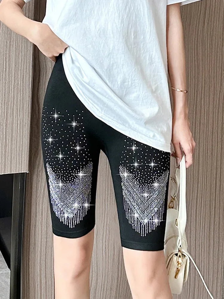 

Summer Trendy Rhinestone Cycling Shorts Women's Black Modal Knee Length Short Leggings Slim Skinny Gothic Punk Sport Shorts