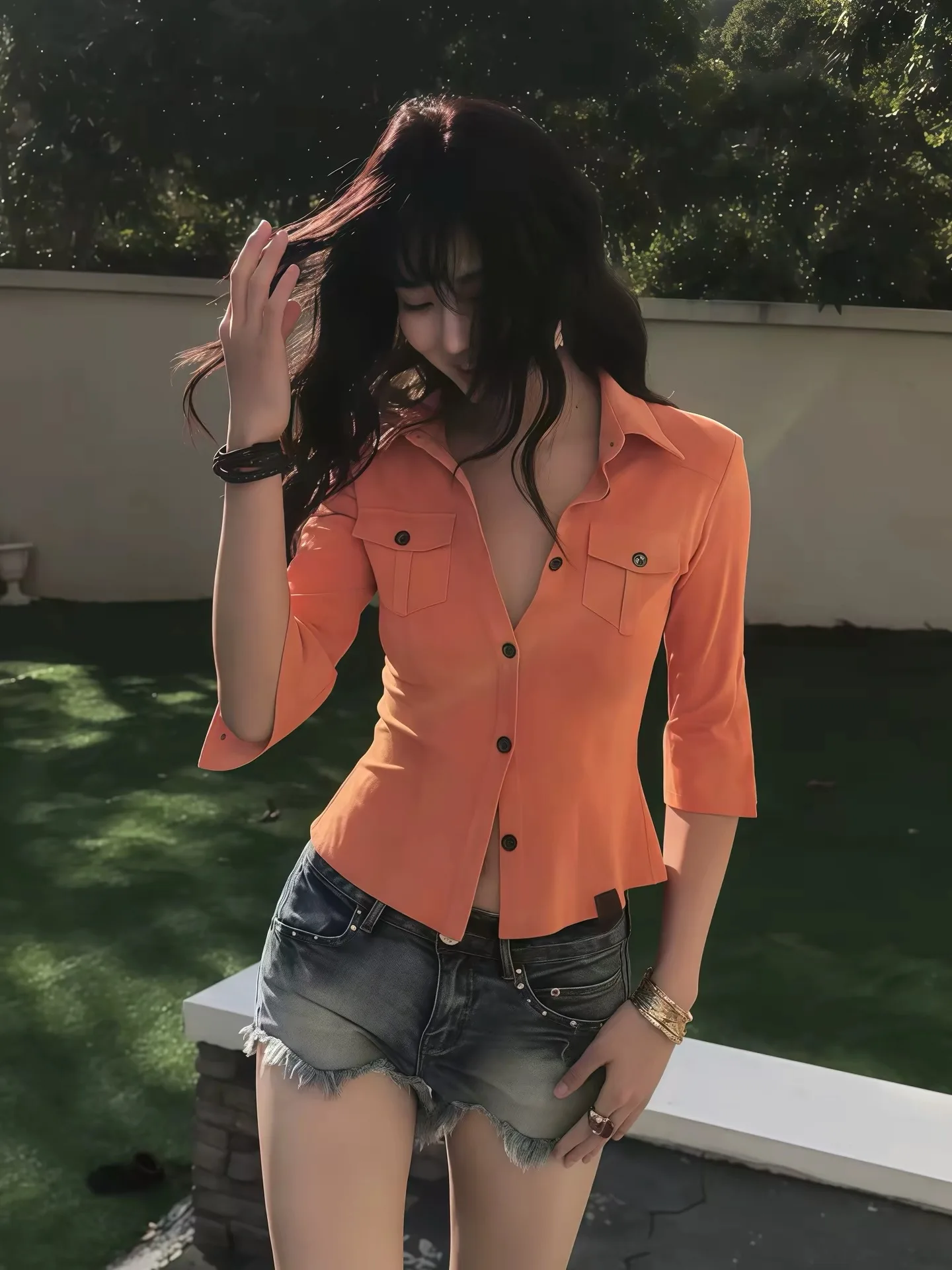 

Retro Sexy Sweet Potato Color Suede Shirt Women's Spring Autumn Design Half Sleeve Workwear Padded Shoulder Shirt Spicy Girl Top
