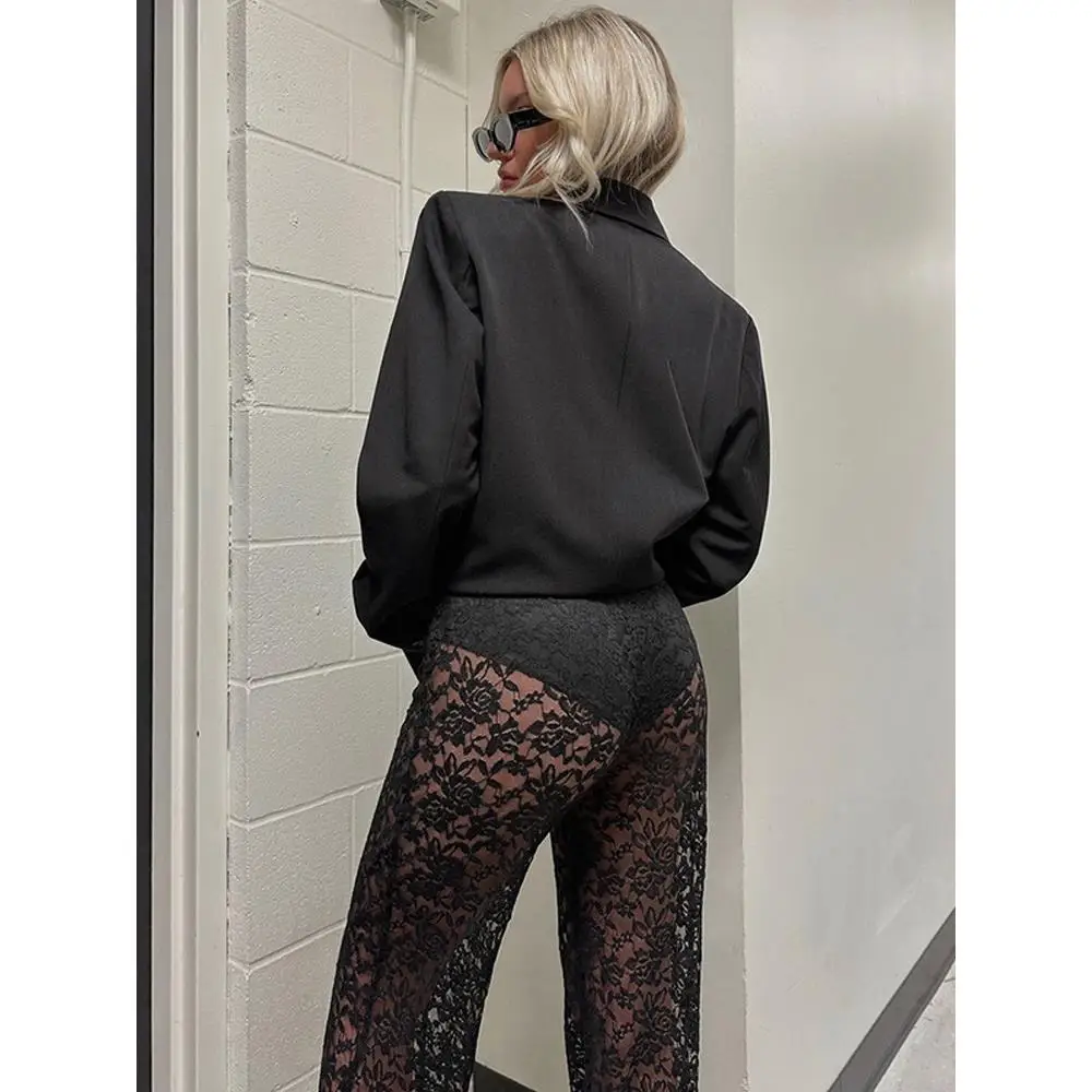 Calças Casuais de Cintura Alta com Renda Translúcida, Modelagem Slim, Estilo Street, Perna Reta Assimétrica para Mulheres de Meia-Idade, Poliéster F...