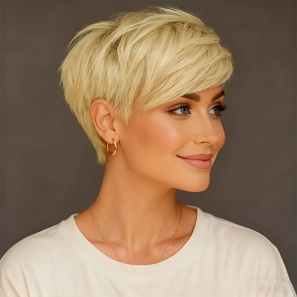 

Парик из натуральных человеческих волос платинового блонда, короткий многослойный парик из натуральных волос машинной работы для повседневного элегантного образа