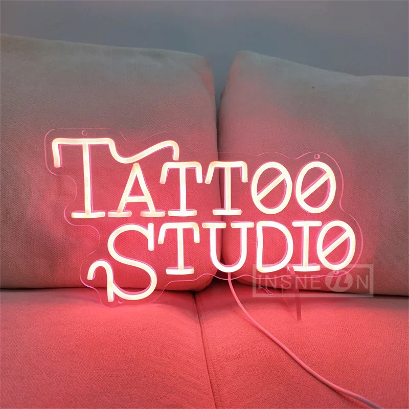 Tattoo Studio Neon Sign LED Light for Salon Bar Man Cave USB Powered Dimmable Wall Hanging Decor Acrylic Signboard with Switch