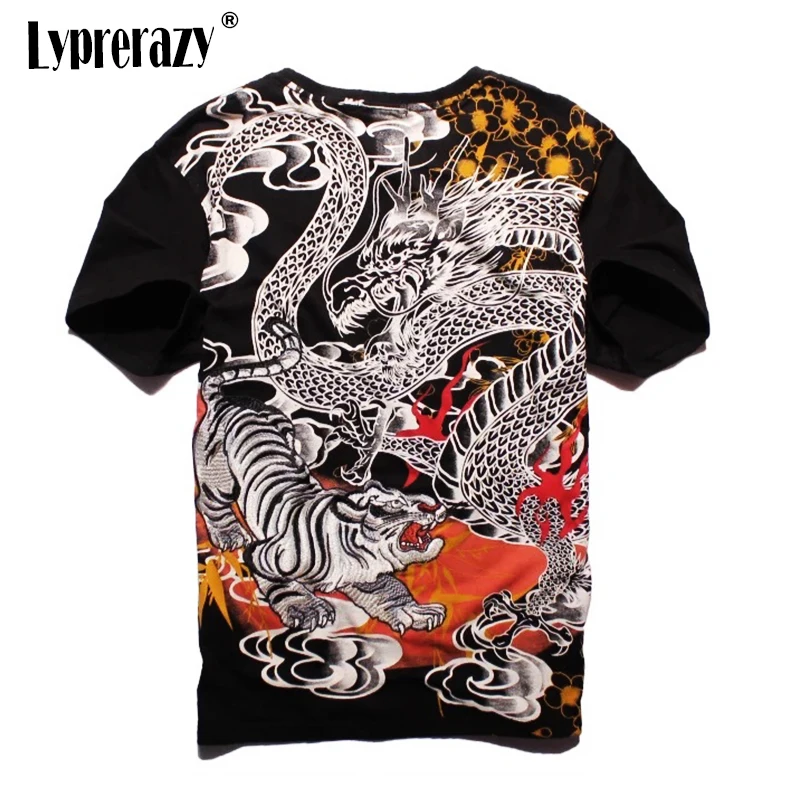 

Lyprerazy Japanese Harajuku Ukiyoe Vintage Embroidered T-shirt Men Brother Dragon Tiger Embroidery Chinese Style Tee Shirt