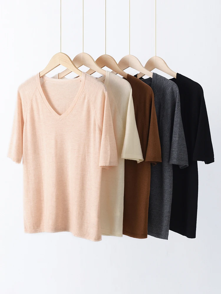 

Весенне-летний женский свитер из 100% тонкой шерсти с V-образным вырезом, кашемировый трикотажный пуловер, женская футболка с коротким рукавом, шерстяные вязаные топы