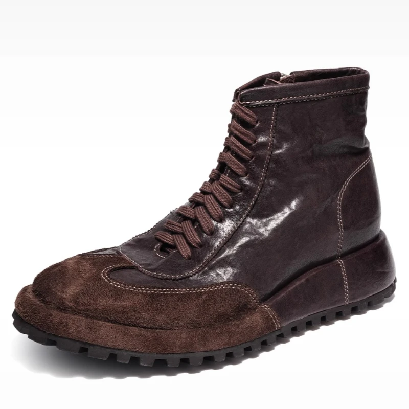 Washed Horseskin British Thick Sole Heightening Boots Shoes for Male Horse Skin Handmade Goodyear Side Zipper High Top Boots Man