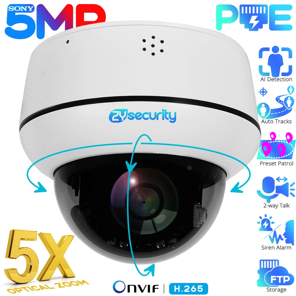 

UHD 5MP 5X Optical Zoom PoE Dome PTZ IP Camera Outdoor Auto Tracking Human Detect 2-way Audio Wired Network CCTV Security Camera