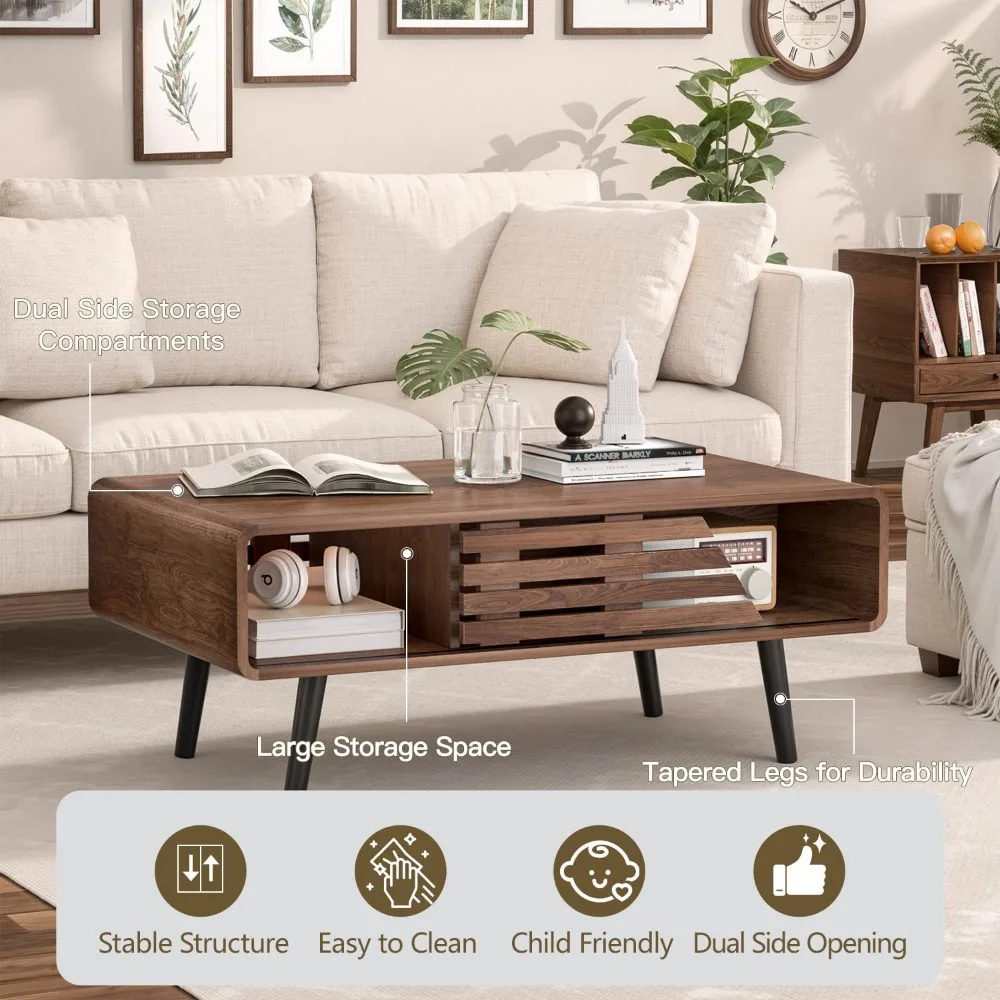 طاولة قهوة حديثة لمنتصف القرن - طاولة قهوة لغرفة المعيشة، تصميم مخدد 39.4 بوصة مع تخزين منزلق وأرفف مفتوحة #4