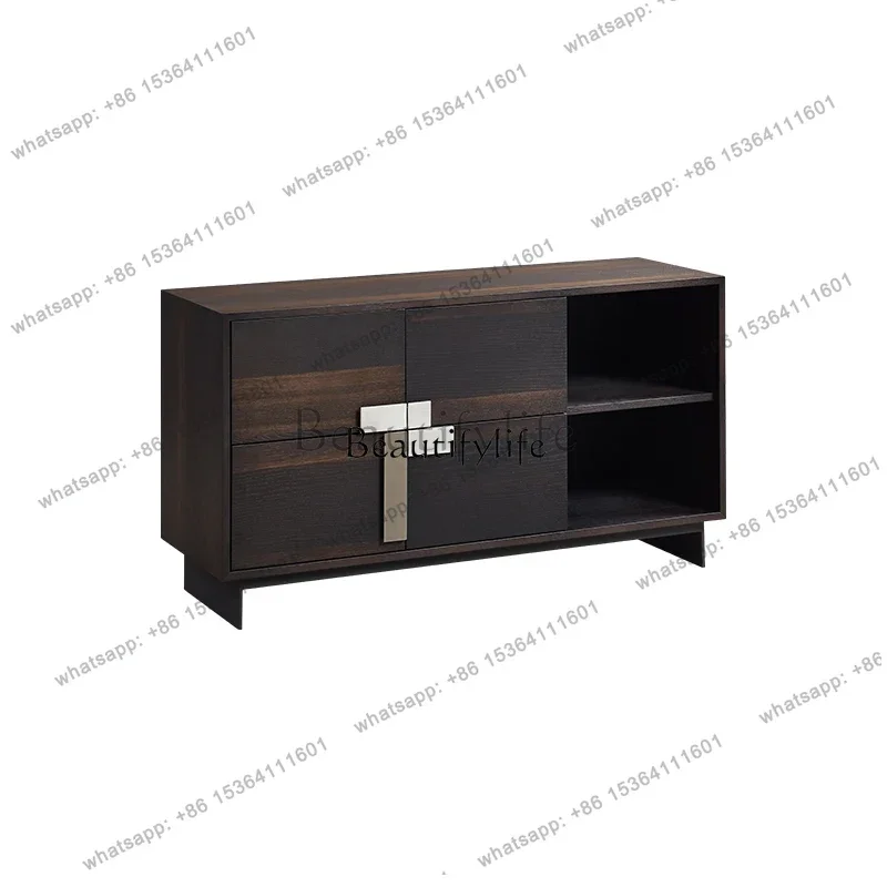 FGItalian modern living room storage side cabinet, smoked wood minimalist storage wine cabinet