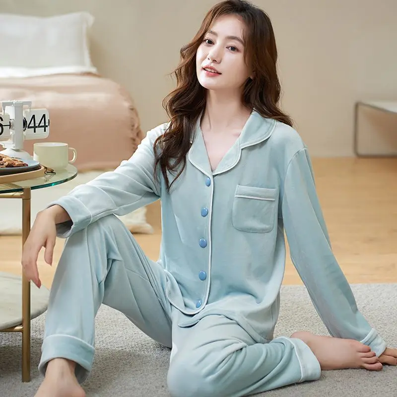 Light Fleece Coral Velvet Pajamas Women Autumn Winter Long Sleeves Loose Homewear Suit Female Island Velvet Casual Sleepwear Set