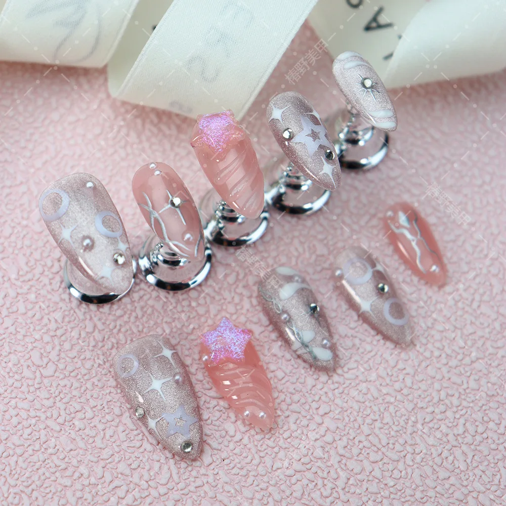 Handmade Press on Nails Ins Pearlescent Pink Star Spice Girls Fake Nails Full Cover Wearing Sweet Korean y2k Almond False Nails