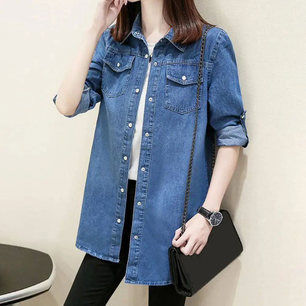 Women Denim Shirt Women's Denim Shirt Coat with Lapel Pockets Loose Fit Long Sleeve Outwear for Basic Commuting Style Loose Fit